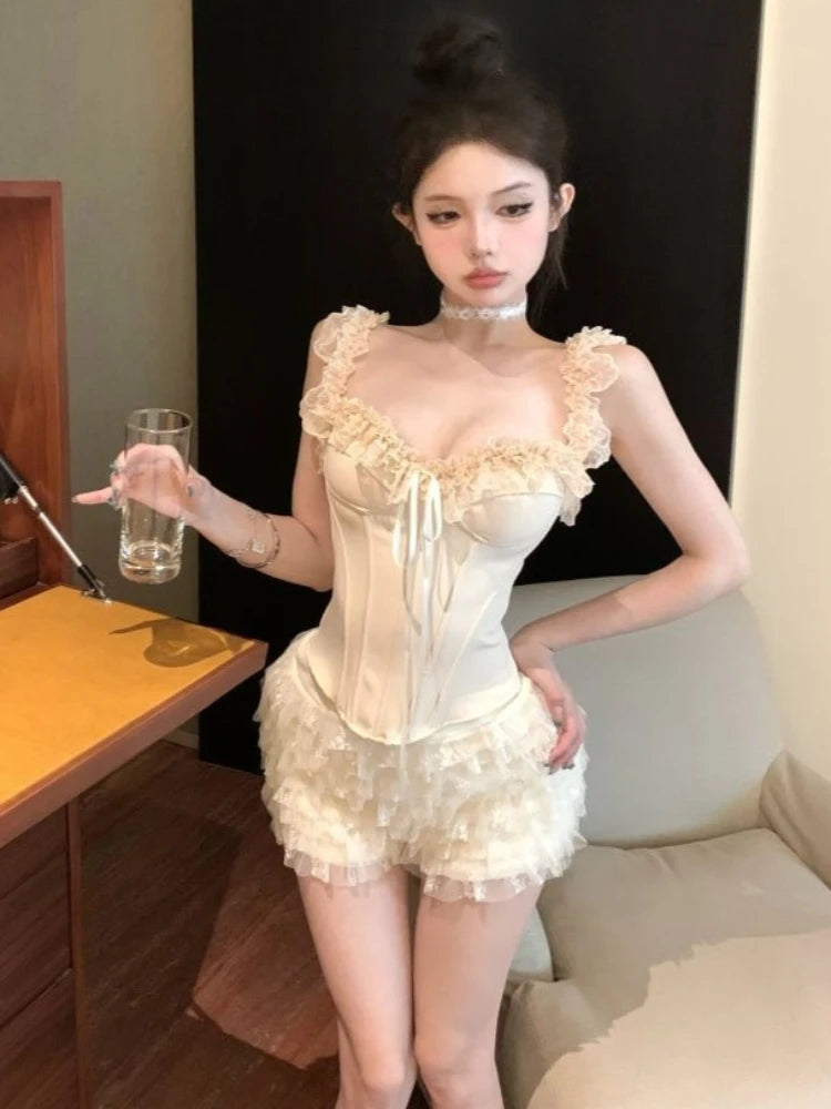 France Lace Pink Camisole Women Hot Girl Sweet Design Off Shoulder Slim Hollow Out Solid Vest Female Elegant Fashion Clothes