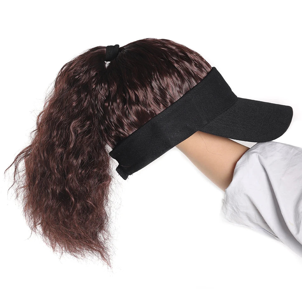 LUPU Synthetic Hair Curly Wave Ponytail Black Brown Baseball Cap Wig Adjustable Sun-Protective Sporty Style for Women Girls