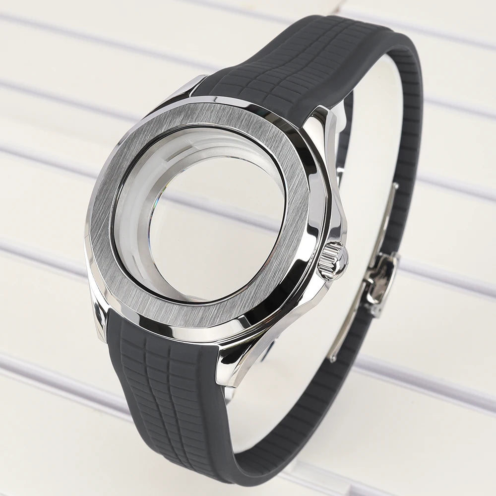 42mm Silver NH35 Watch Case Polished Brushed Black strap SapphireGlass For Nautilus AQUANAUT Cases Part NH35 NH36 NH38 32mm Dial