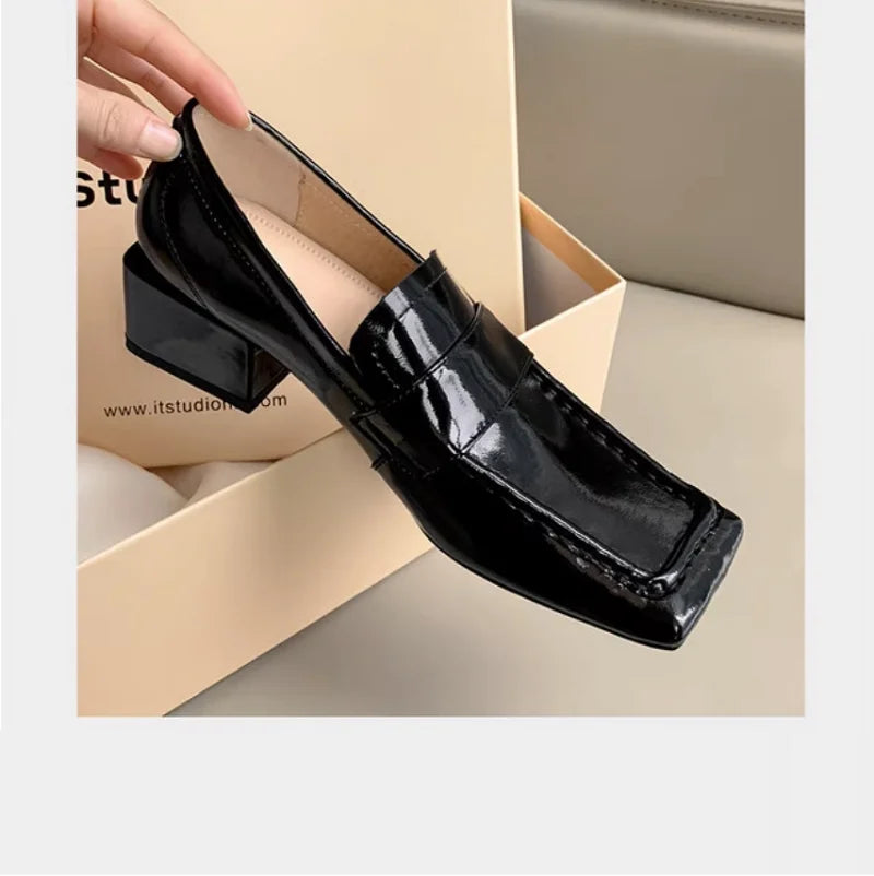 Womens Red Shoes Spring Autumn Basic Pumps Block Heel Dress Loafers French Slip On Square Toe Cow Leather Dress Footwear Size 43