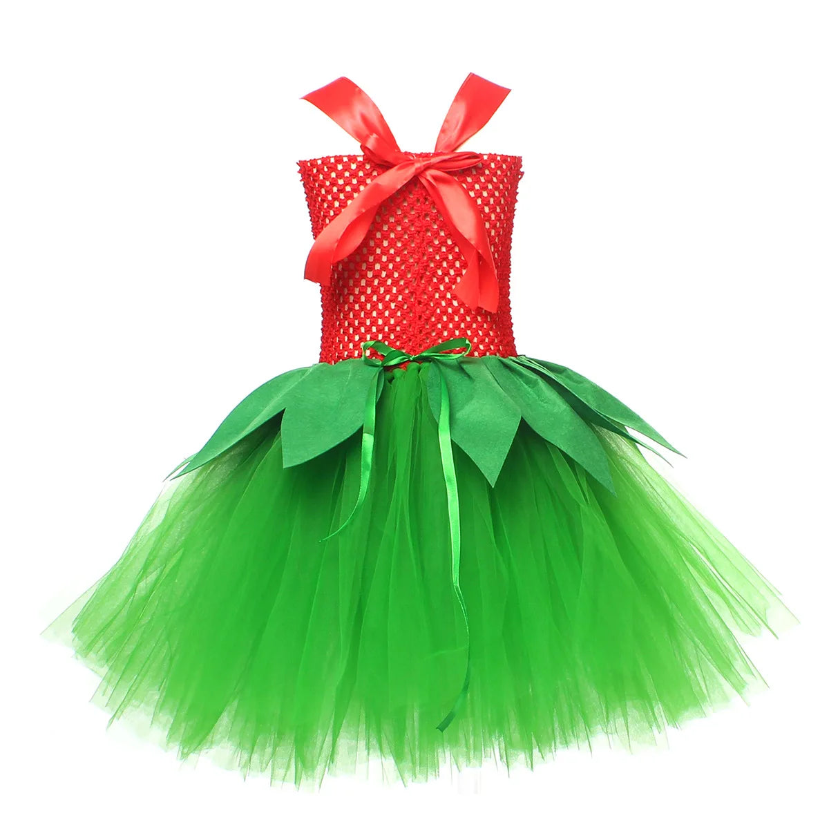 Halloween Costume for Girls Chirdren Summer Red and Green Floral Hawaiian Party Dress with Wreath Outfit for Halloween