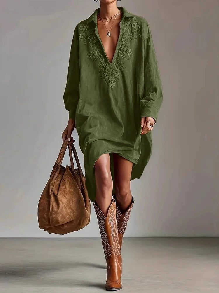 Spring Women Lapel V Neck Party Dress, Holiday Long Sleeve Retro Patchwork Midi Dress, 2026 Elegant Emboidered Ladies Dresses