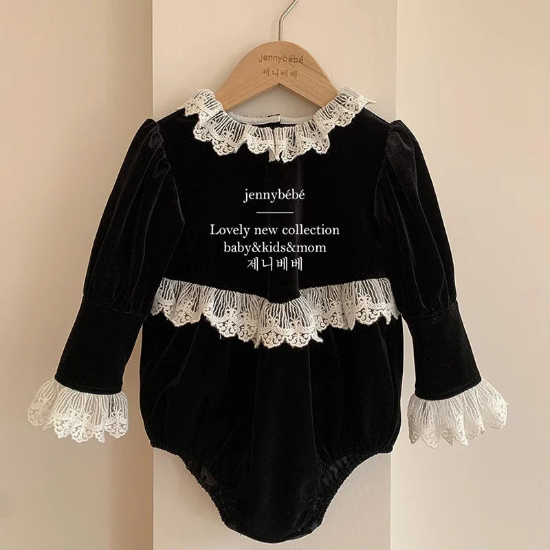 Newborn Baby Girls Lace Rompers Velvet Long Sleeve Infant One-Pieces Baby Bodysuit for Toddler Clothing Children Outfits 0-24m