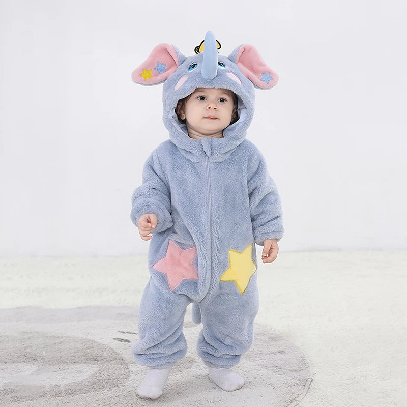 New Cute Elephant Newborn Baby Clothes Bodysuit Winter Flannel Boys Girls Romper Warm Cosplay Costume Outfit Hooded Jumpsui