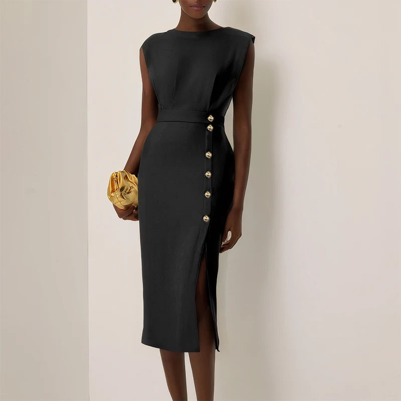 Women's Solid Sleeveless Slim Fit Midi Dress Women Summer Party Dress Lady Office Dress Elegant Button Split Up Evening Dresses