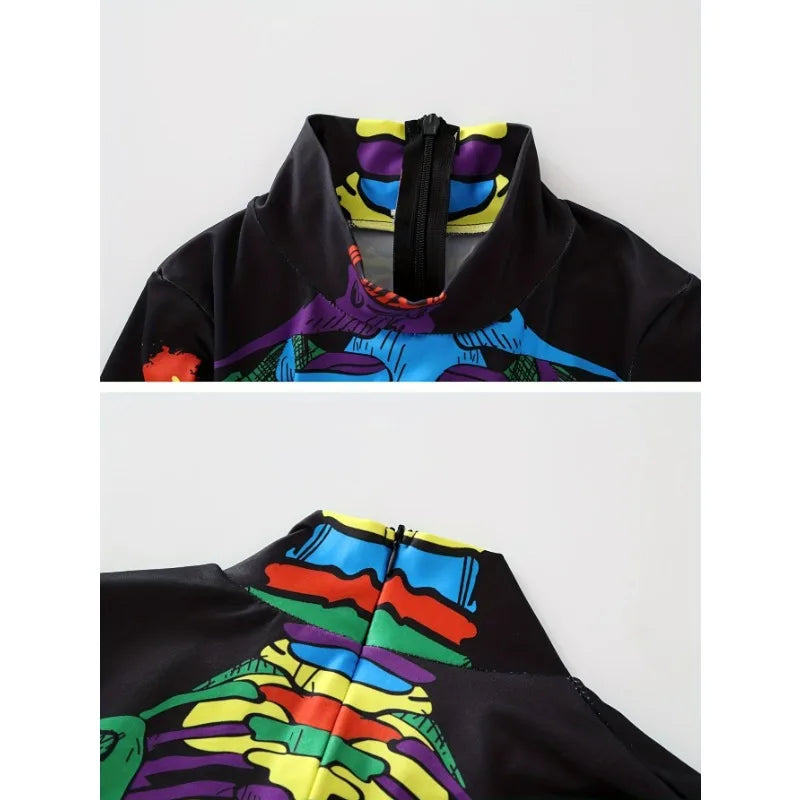 Halloween Party Theme Dress Up Costumes, Girls Long Sleeve Stretchy Fitted Full Color Skull Pattern Printed Women's Jumpsuit