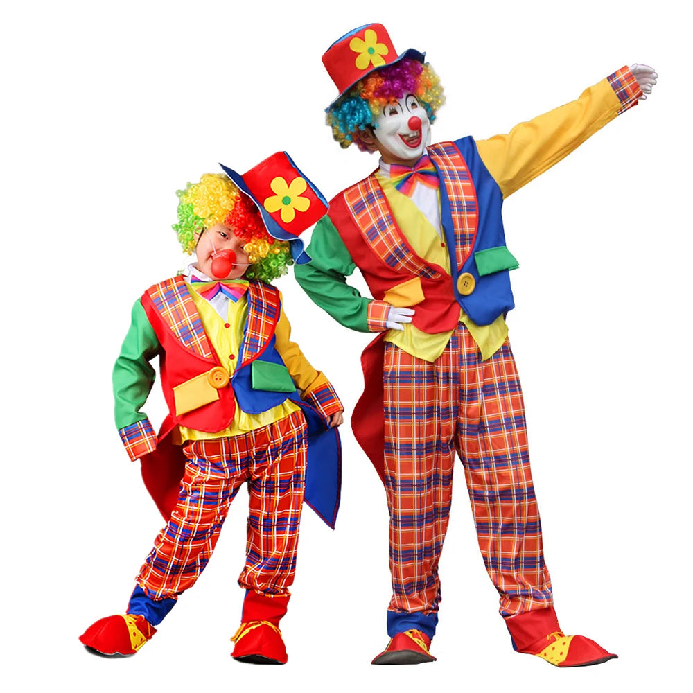 Halloween Costumes Kids Adults Circus Clown Joker Cosplay Outfits Colorful Fancy Clothes Party Entertaining Dress Up