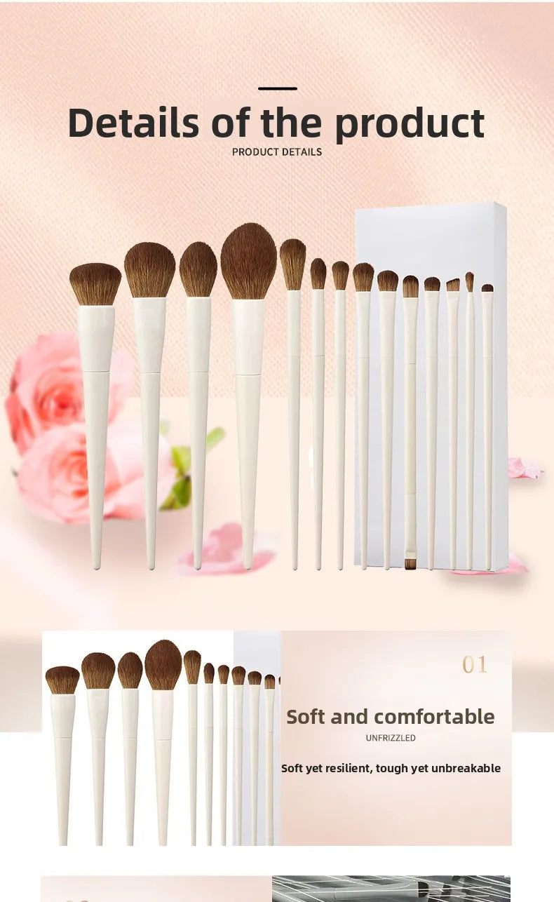 14Pcs Makeup Brush Set White Wooden Handle Synthetic Foundation Brush Powder Contour Eyeshadow Liner Blending Highlight