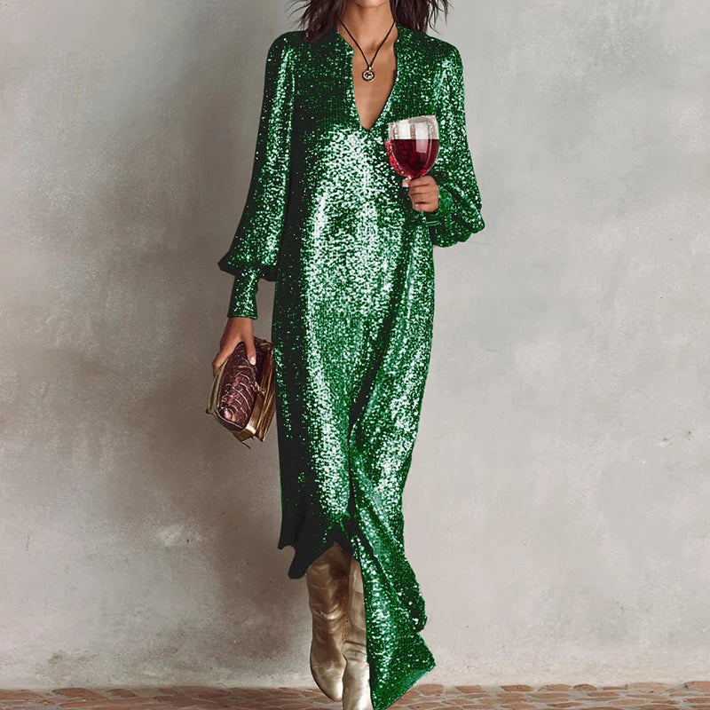 Shiny Sequins Solid Color Loose Fit Cocktail Dress New Autumn Fashion Robe Dress Sexy Women's V-neck Long Sleeved Banquet Dress