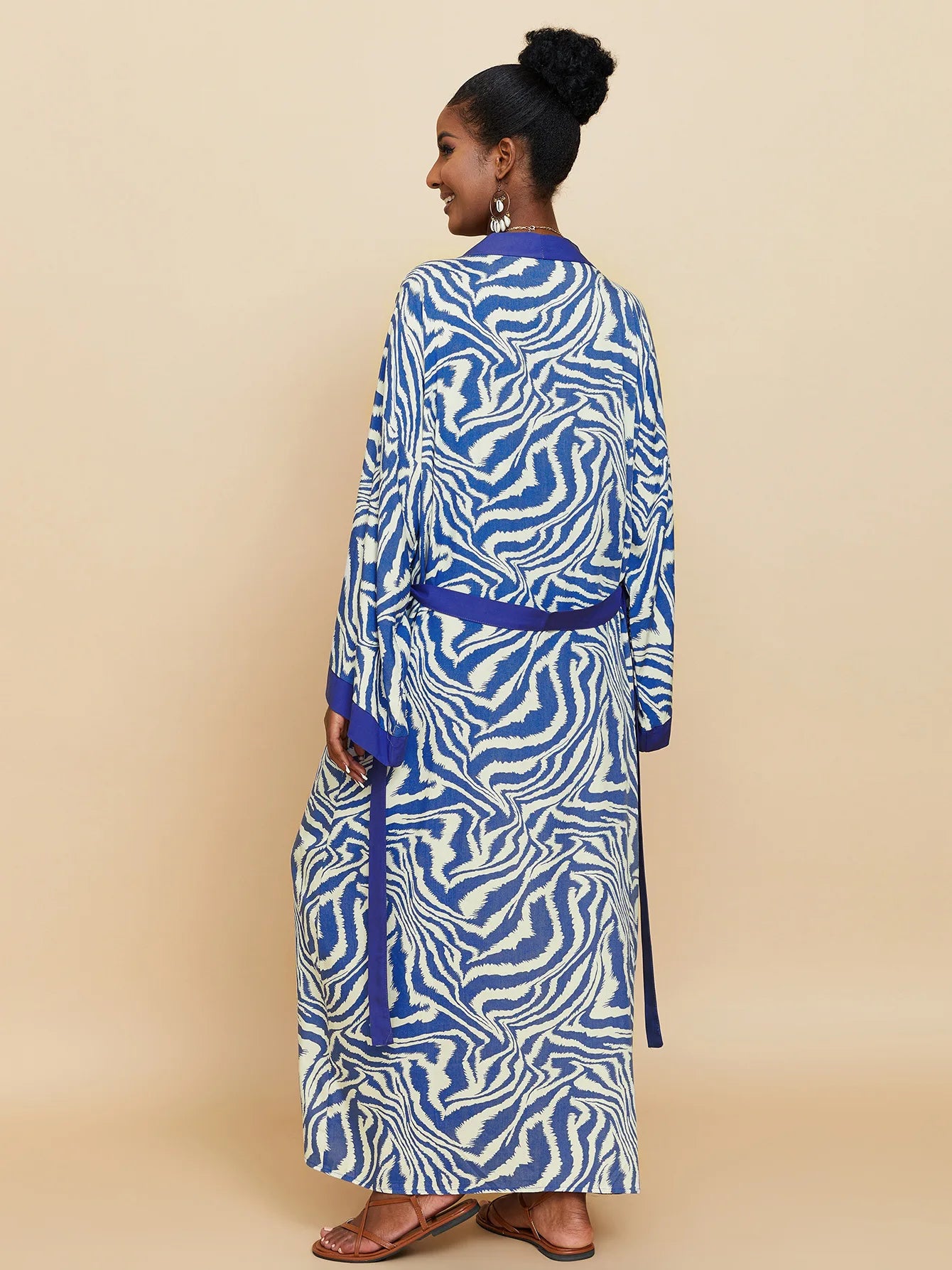 Zebra Beach Cover Ups for Women Long Sleeve Kimono Dress Self Belted Rayon Elegant Pareo 2023 Bathing Suits Holiday Beachwear