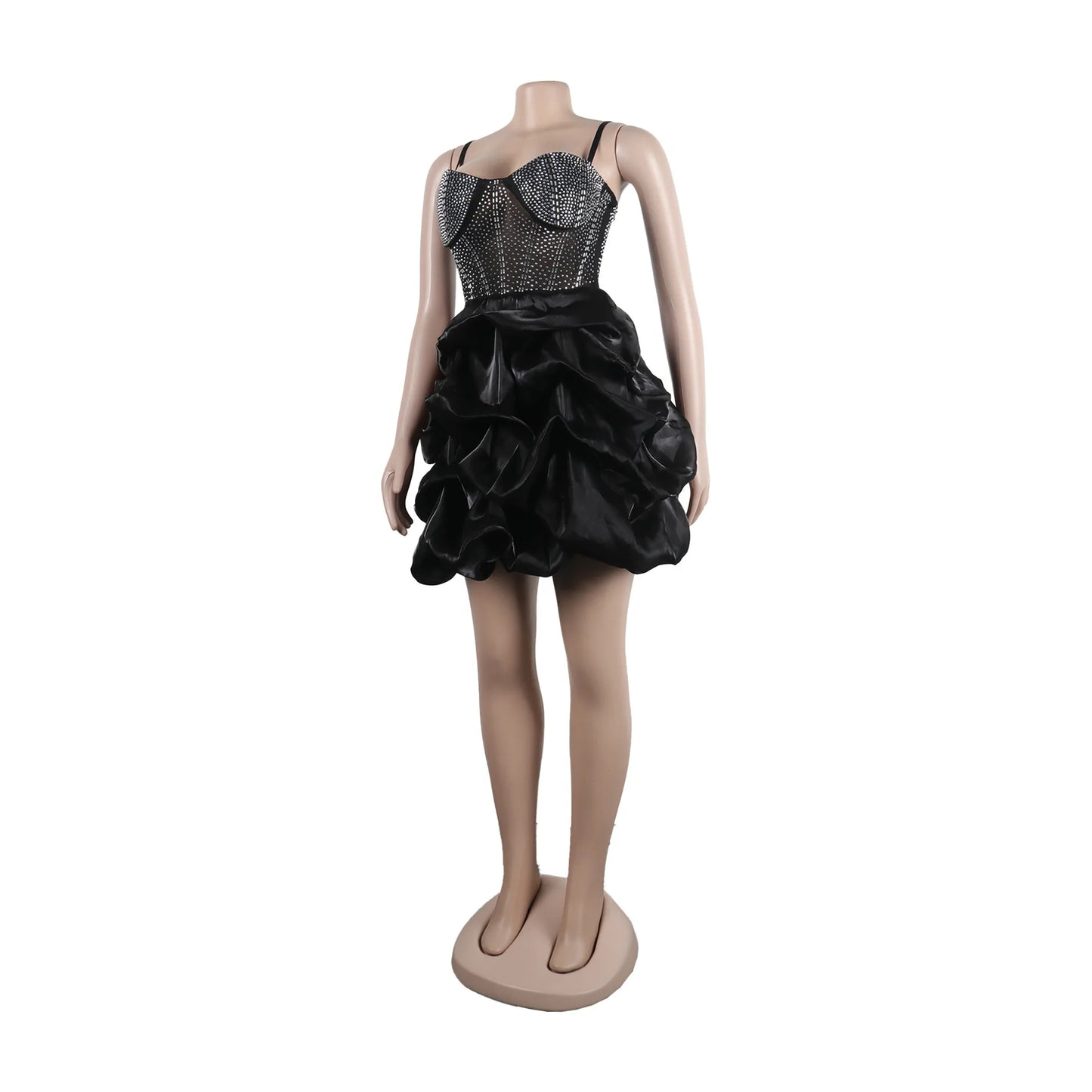 HBLL Sexy Rhinestone Bodycon Ruched Puff Suspenders Dresses Women Sheer Mesh Birthday Party Night Clubwear Summer Dresses Robes