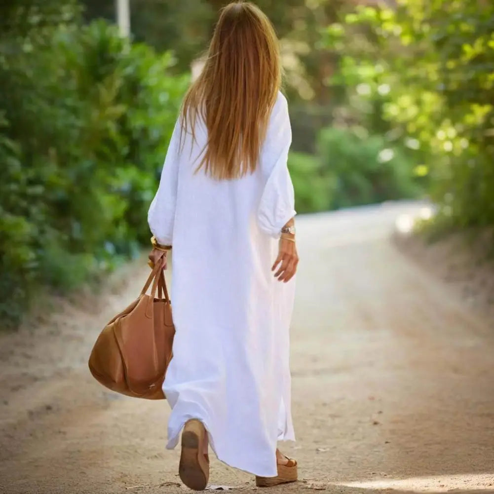 Spring Autumn Women Long Dress Loose Button-down 3/4 Sleeves Maxi Dress Pure Color V Neck Cardigan Casual Dress For Daily Wear
