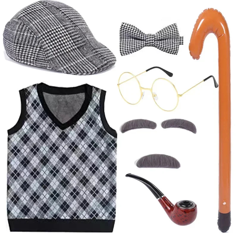 Halloween Children's Day Kids 100 Days Of School Costume For Boy Grandpa Vest Wig And Beard Granny Dress Up Props Carnival Party