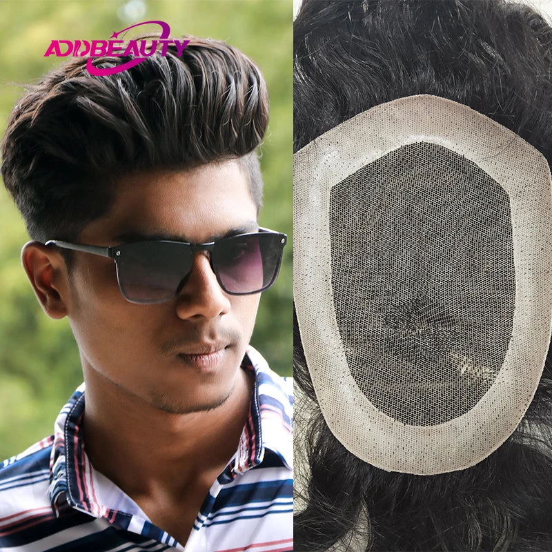 Men Toupee Lace NPU Human Hair Wig Indian Human Hair System Male Hairpiece Natural Wave Hair Pre-Plucked Hairline With Grey Hair