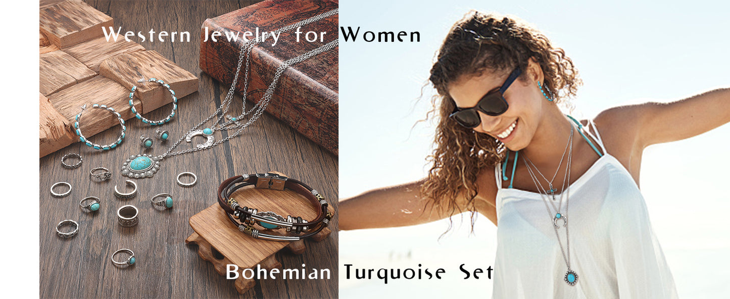 Turquoise Jewelry Set For Women Men Pendant Necklace Western Dangle Earrings Faux Leather Bracelets Boho Rings Set Jewelry Gift