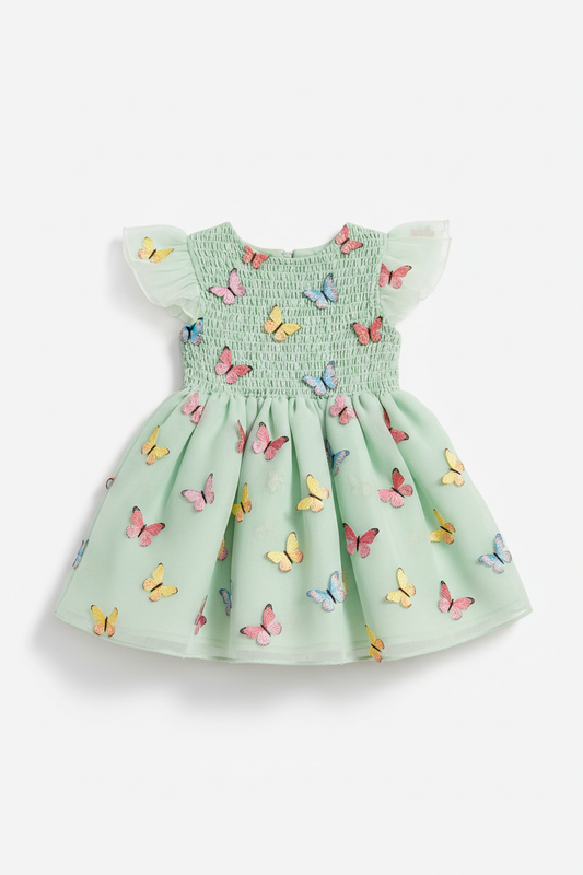 Vestido Verde de Niña con Mariposas 3D para Primavera y Verano